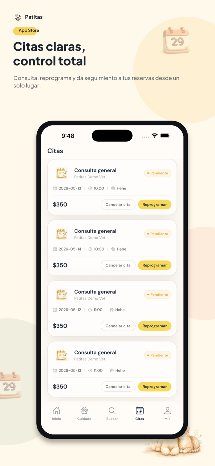 Pantalla de reservas de la app Patitas